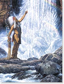 Native American with arm toward sky water