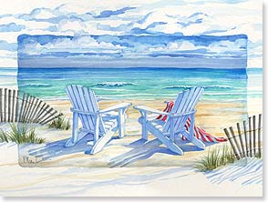 Two white chairs fence ocean view