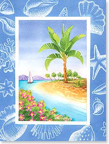 Beach scene w sailboat palm trees fl