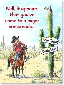 Cowboy ponders direction signs cactu