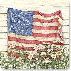 an american flag hanging on a wall behind some daisies