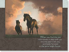 2 black horses running with storm clouds in background