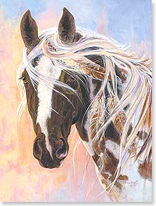 Horse portrait with Native American feathers