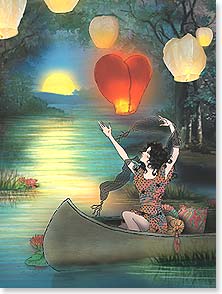 Woman releasing heart lantern in air