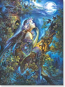 Fairy sitting on tree branch and gazing at the moon