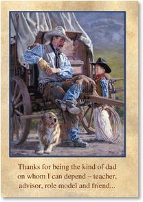 Cowboy sits on wagon, boy, rope