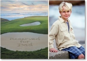 Golf course sandtrap with reserved for Dad in sand and photo box