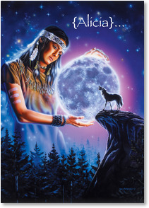 Maiden with moon and wolf on cliff