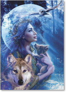 Woman holding wolf pup with a wolf and owl