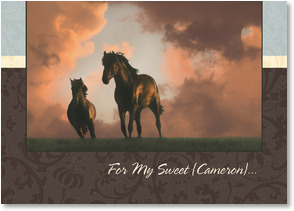 2 black horses running with storm clouds in background