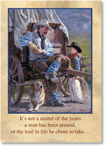 Cowboy sits on wagon, boy, rope