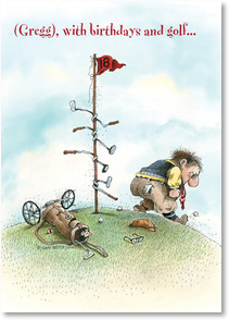 Angry golfer, his clubs all wrapped around the hole's flag