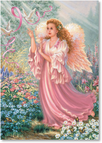 Angel wearing pink in flower field