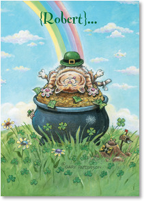 Cat lying on pot of gold at rainbow