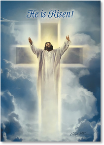 Jesus in clouds arms lifted cross background