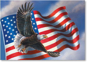 Eagle w American flag in bkgrnd