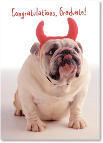 Bulldog wearing red devil horns