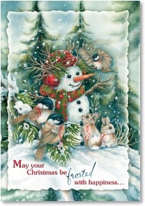 Snowman birds bunnies in the snow