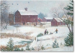 Family pulling sled and tree in snow