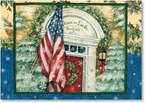 Christmas decorated door american flag