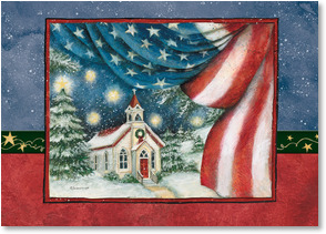 Church in snow American flag border