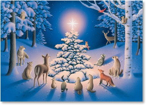 Animals gather around Christmas tree