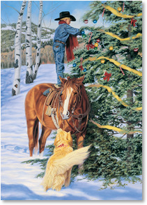 Boy standing on horse trimming tree