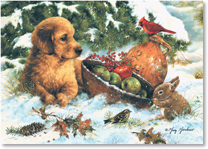 Puppy in snow bowl of green apples