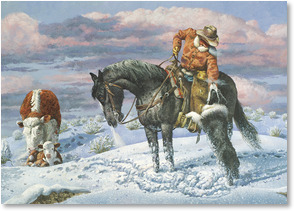 Cowboy on horseback petting dog cows