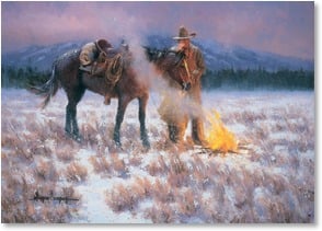 Horse and cowboy smokey campfire