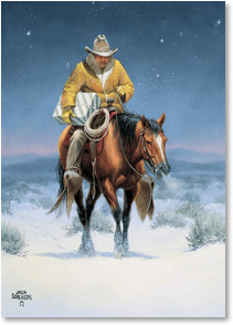 Cowboy on horse carrying package