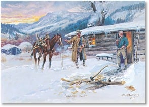 Cabin cowboys horse and mountains