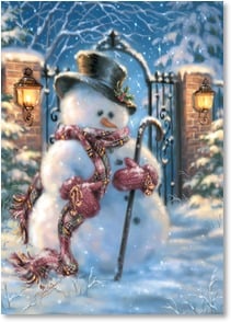 Snowman with cane in front of gate