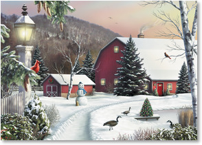 Snowscene with geese snowman and barn