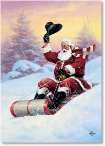 Santa riding downhill on a sled