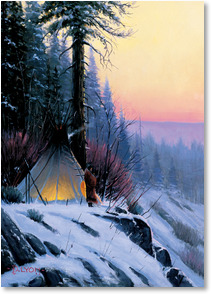 Lit up teepee at dusk on hillside