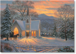 Church at dusk winter horse and buggy
