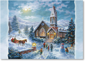 Families going to church in the snow