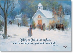 Western folks outside church snow