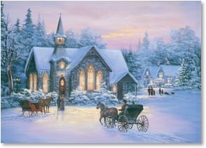 Horse drawn carriges and stone church