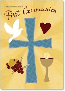 Yellow background with blue cross, red heart, dove and communion cup