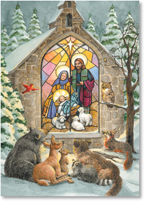 Animals and nativity stained glass