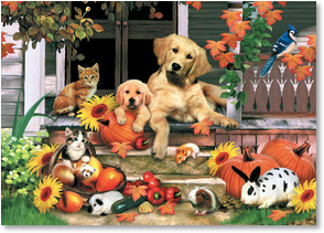 Various animals on porch in autumn