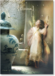 Fairy dragonfly by window and ceramic vase