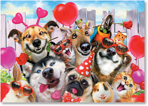 Pets taking a selfie wearing glasses and hats with hearts
