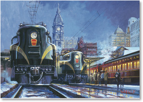 PAIR OF TRAINS LEAVING CITY STATION