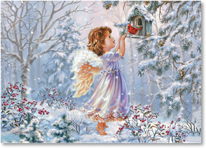 Little angel girl in snow looking at cardinal perched on birdhouse