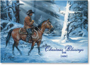 Cowboy on horseback in snowy woods looking at cross