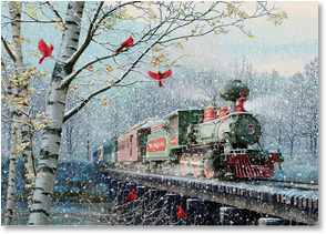 Steam train in snowy countryside