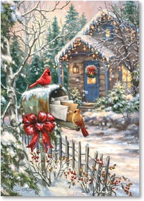 Birds on mailbox by cottage